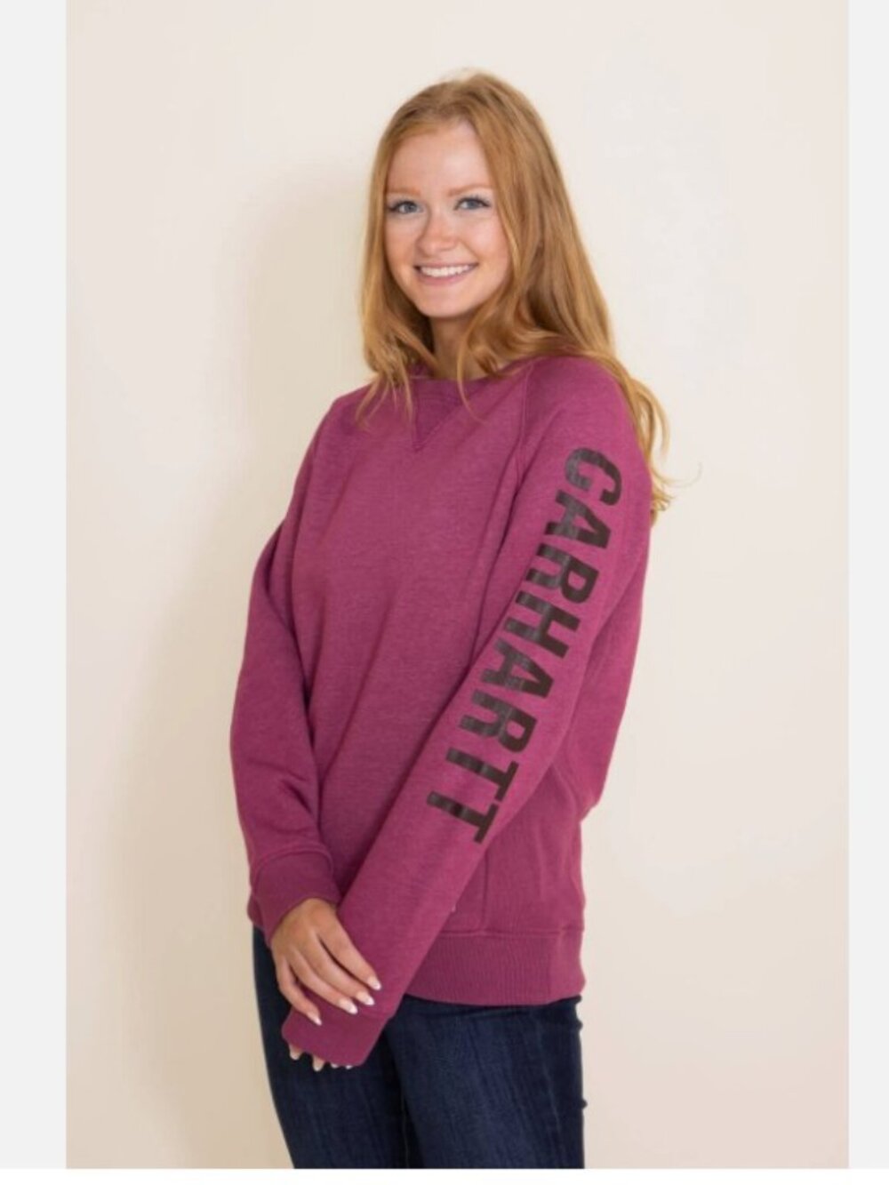 Carhartt Midweight Logo Sleeve Graphic Burgundy Sweatshirt Relaxed Fit Size L